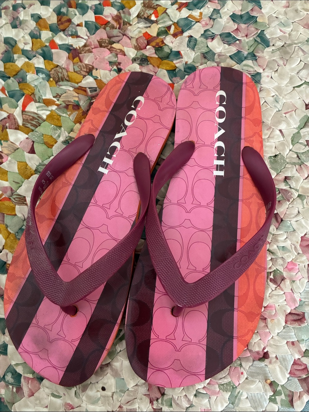 Coach Pink & Burgundy Logo Stripe Flip Sandals